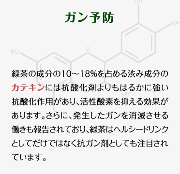 【ガン予防】緑茶の成分の10〜18%を占める渋み成分のカテキンには抗酸化剤よりもはるかに強い抗酸化作用があり、活性酸素を抑える効果があります。さらに、発生したガンを消滅させる働きも報告されており、緑茶はヘルシードリンクとしてだけではなく抗ガン剤としても注目されています。