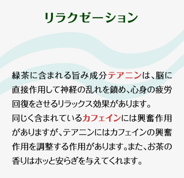 【リラクゼーション】緑茶に含まれる旨み成分テアニンは、脳に直接作用して神経の乱れを鎮め、心身の疲労回復をさせるリラックス効果があります。同じく含まれているカフェインには興奮作用がありますが、テアニンにはカフェインの興奮作用を調整する作用があります。また、お茶の香りはホッと安らぎを与えてくれます。